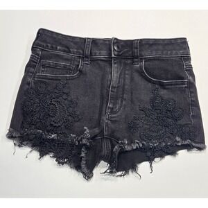 American Eagle Black Denim Lace Frayed Hem Hi-Rise Shortie Shorts Sz 4‎